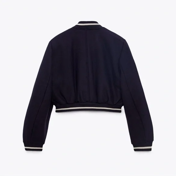 Zara Dark Blue Bomber Jacket with White Details - Picture 3 of 9